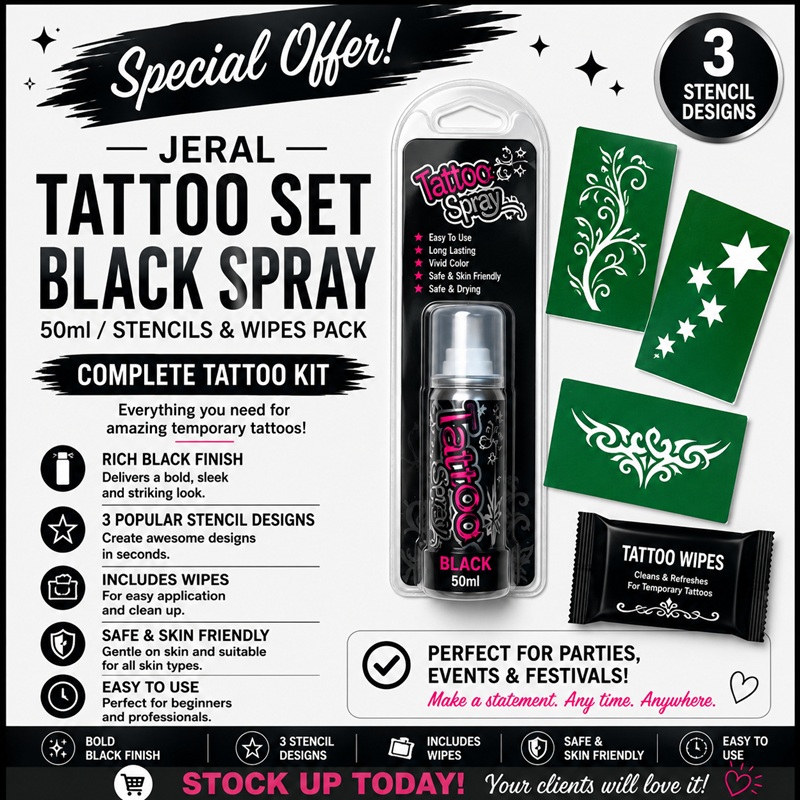 Tattoo Set Black Spray 50ml/Stencils & Wipes