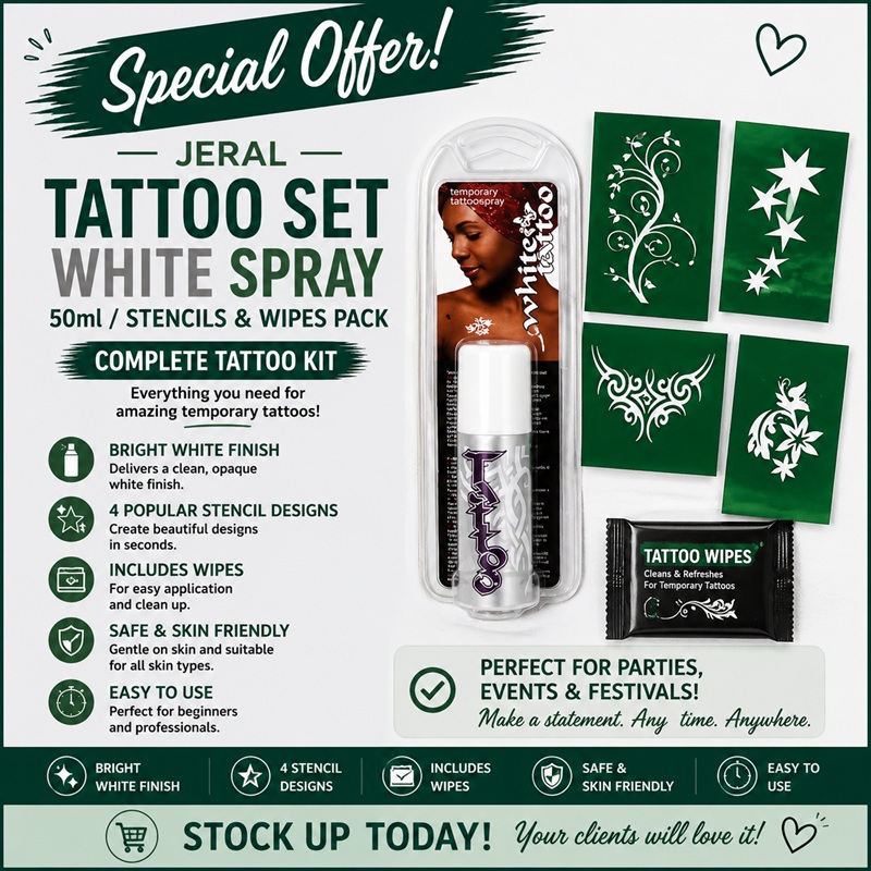 Tattoo Set White Spray 50ml/Stencils & Wipes Pack