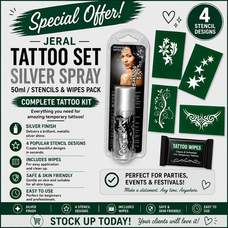 Tattoo Set Silver Spray 50ml/Stencils & Wipes Pack
