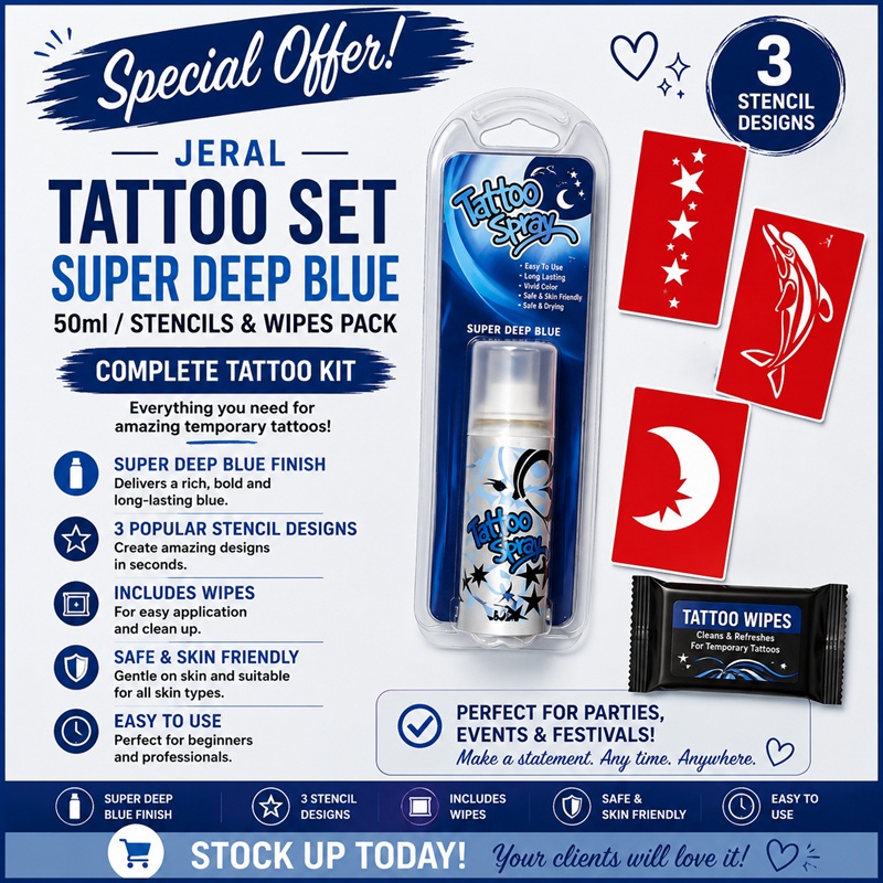 Tattoo Set Super Deep Blue Spray 50ml/Stencils & Wipes