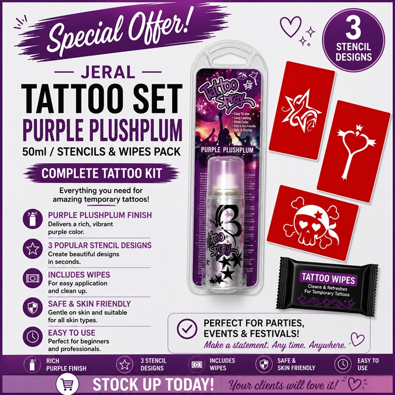 Tattoo Set Purple PlushPlum Spray 50ml/Stencils & Wipes