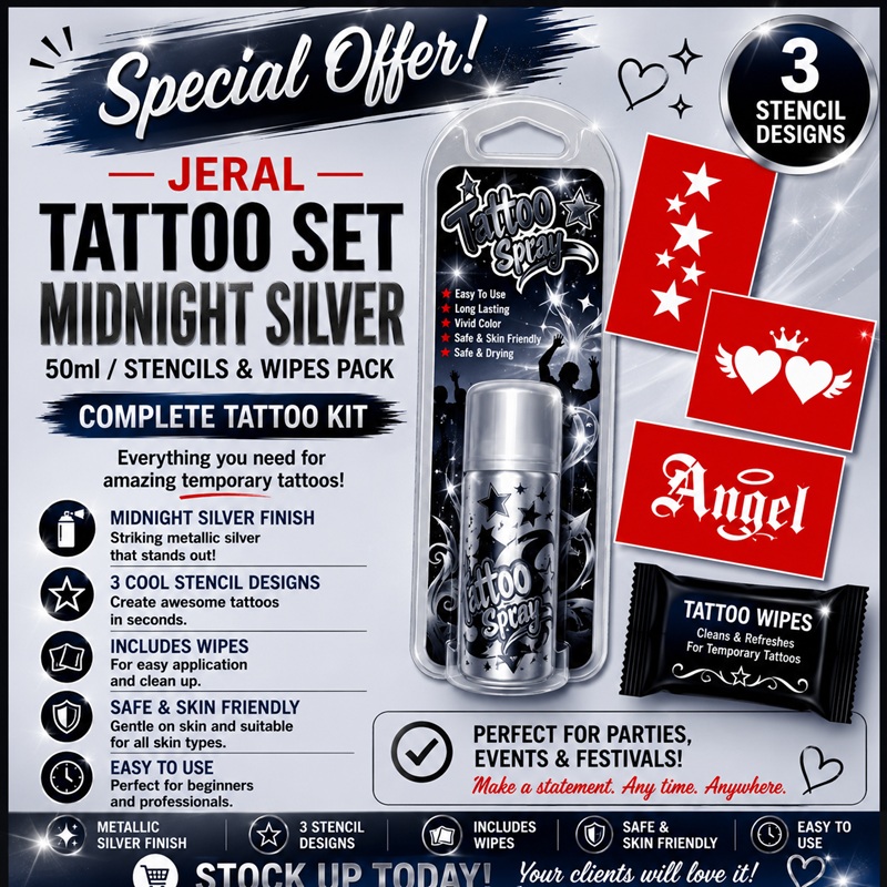 Tattoo Set Midnight Silver Spray 50ml/Stencils & Wipes