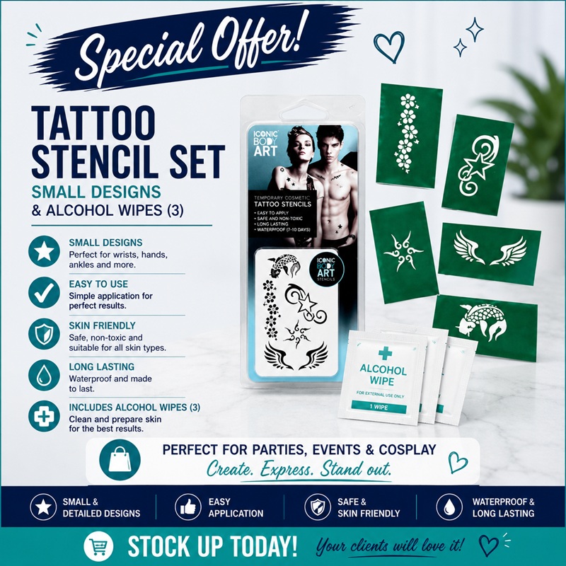 Tattoo Stencil Set Small Designs & Alcohol Wipes