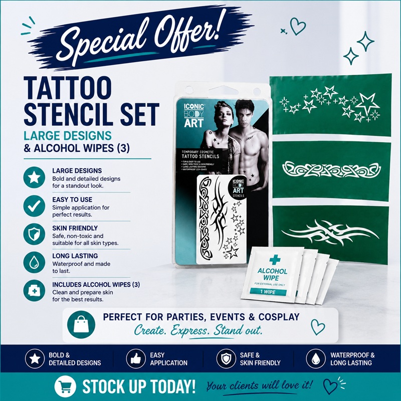 Tattoo Stencil Set Large Designs & Alcohol Wipes