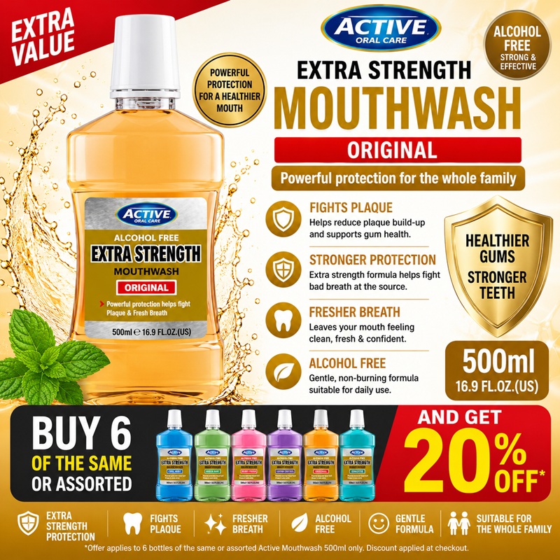 B/F Active Mouth Wash Extra Strength Original 500ml  buy 6 of the same or assorted and get 20% off