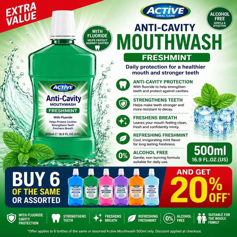 B/F Active Mouth Wash Anti-Cavity Freshmint 500ml  buy 6 of the same or assorted and get 20% off