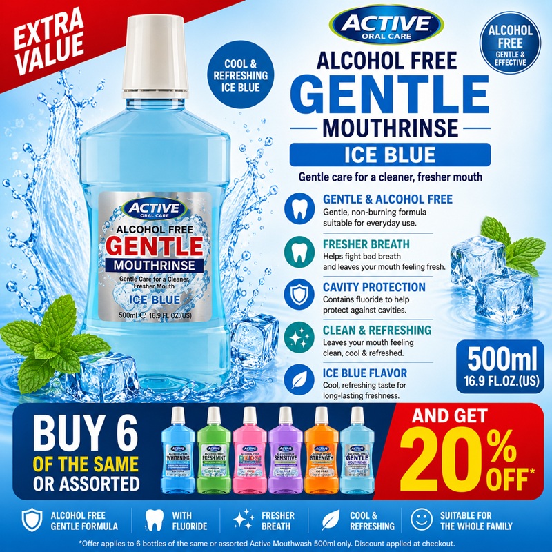 B/F Active Mouth Wash Ice Blue Alcohol Free 500ml  buy 6 of the same or assorted and get 20% off