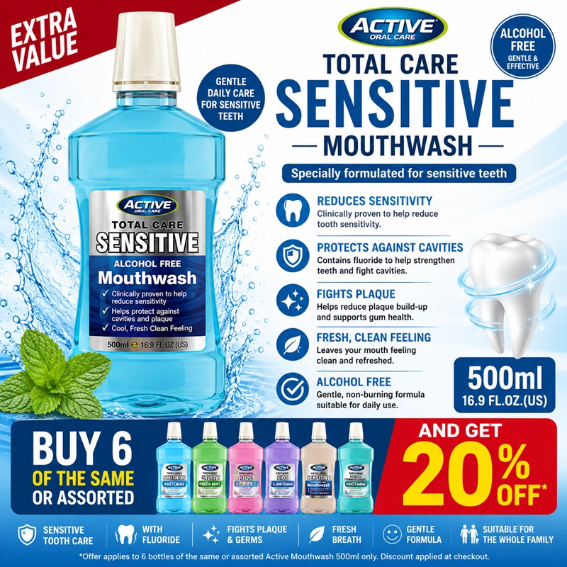 B/F Active Mouth Wash Sensitive 500ml  buy 6 of the same or assorted and get 20% off