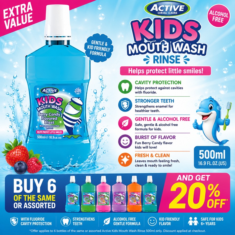 B/F Active Mouth Wash Rinse Kids 500ml  buy 6 of the same or assorted and get 20% off