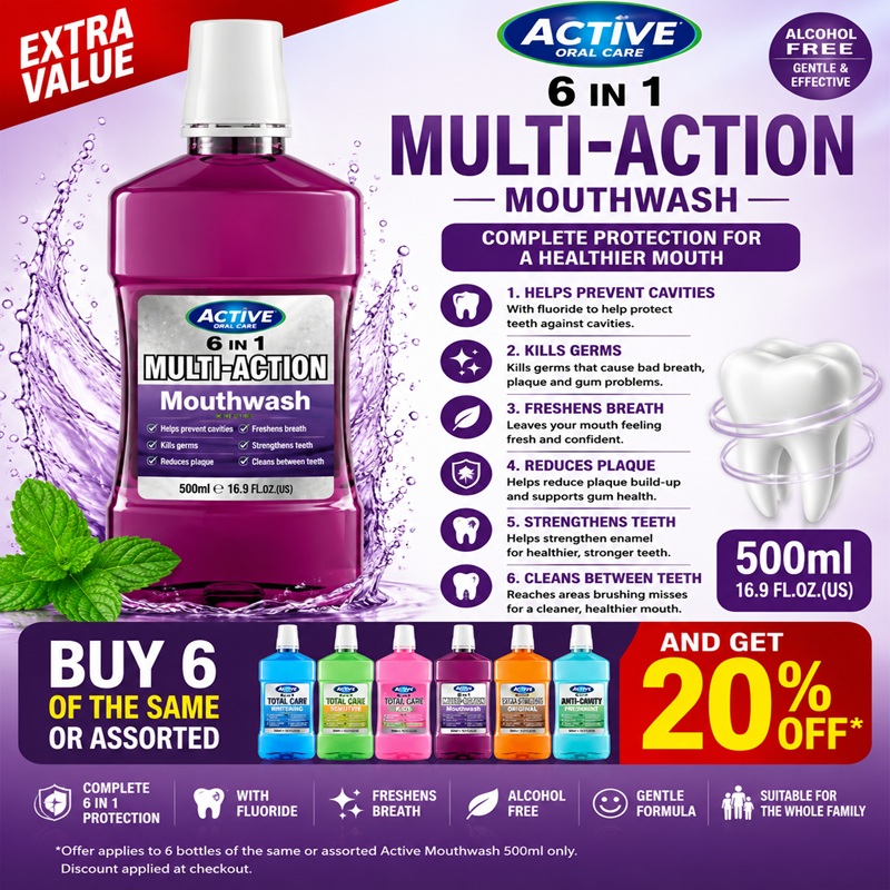 B/F Active Mouth Wash 6 In1 500ml buy 6 of the same or assorted and get 20% off