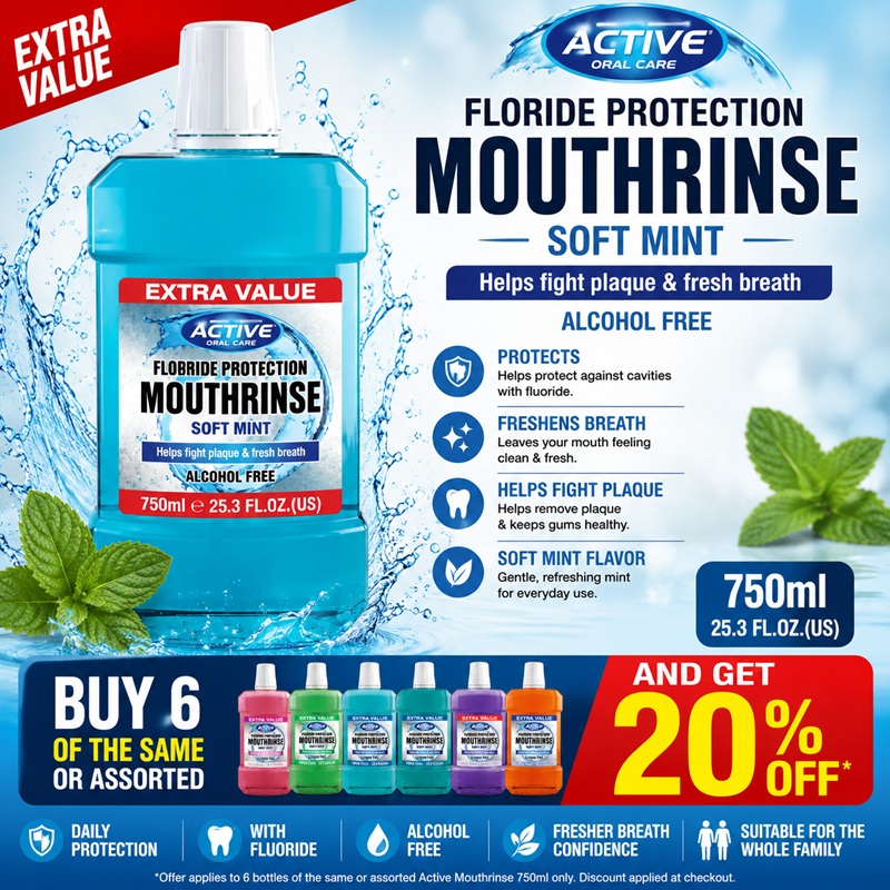 B/F Active Mouth Wash Floride Protection Softmint 750ml  buy 6 of the same or assorted and get 20% off
