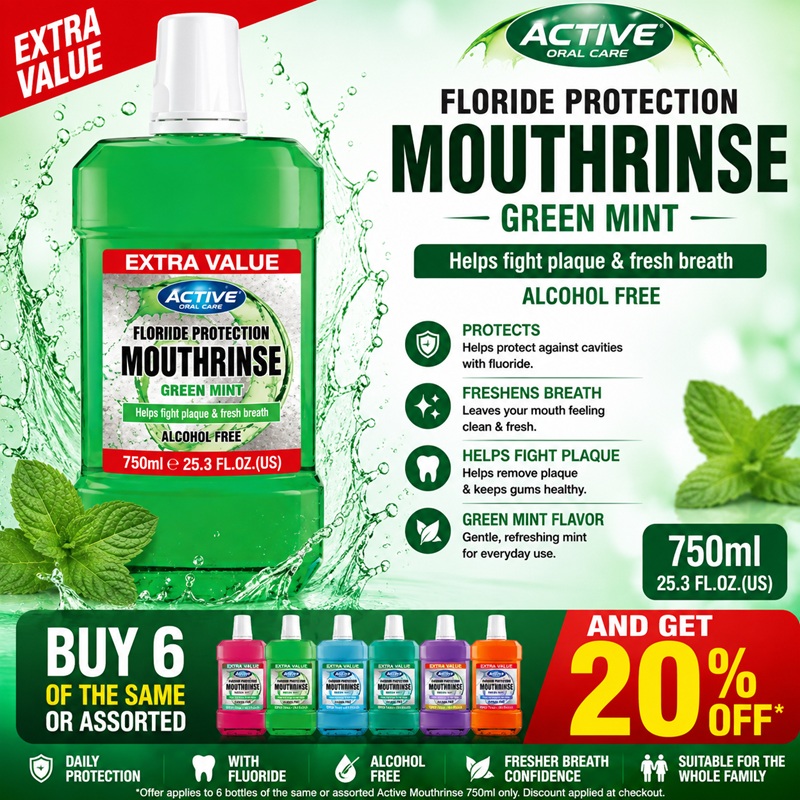 B/F Active Mouth Wash Floride Protection Green Mint 750ml  buy 6 of the same or assorted and get 20% off
