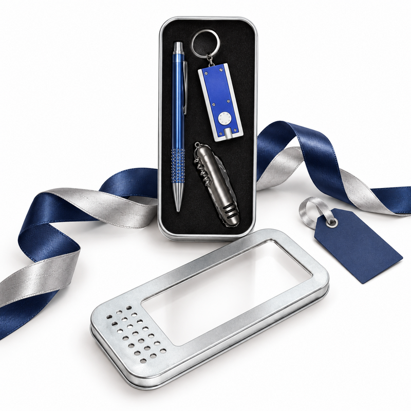 Gift Set Mens Metal Box Pen, Pocket Tool with Ligh