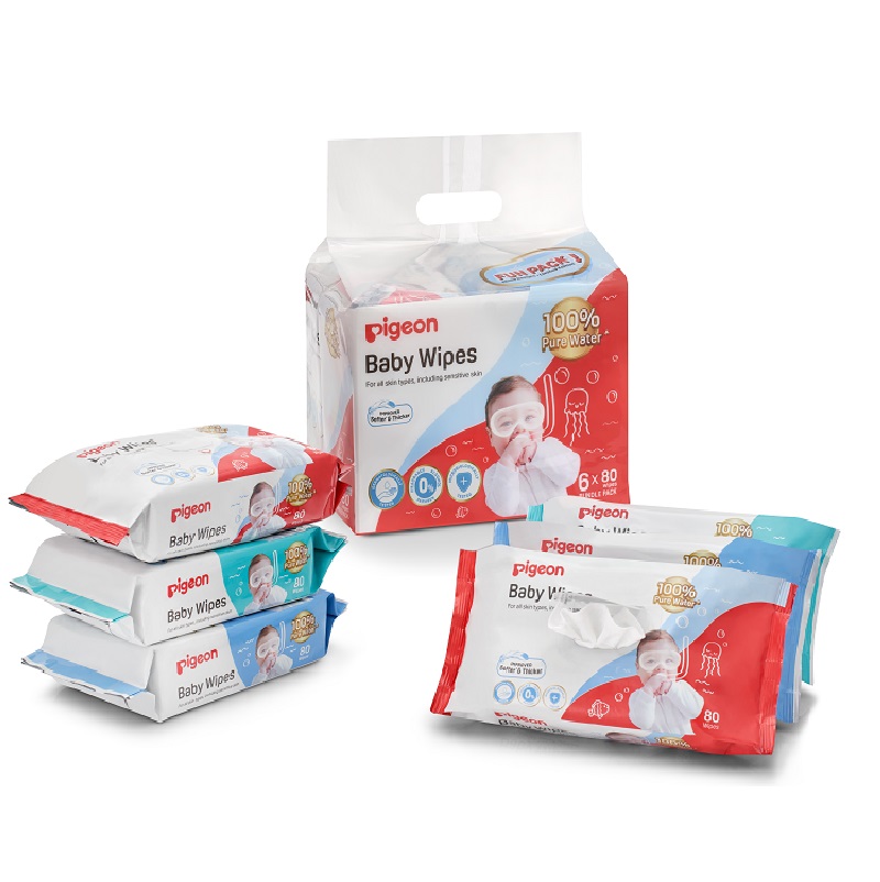 Pigeon Wipes Baby 100% Water  80's 6 pk