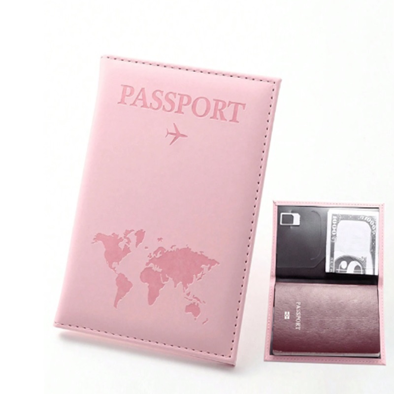Travel Map & Letter Print Pu Passport Case Pink