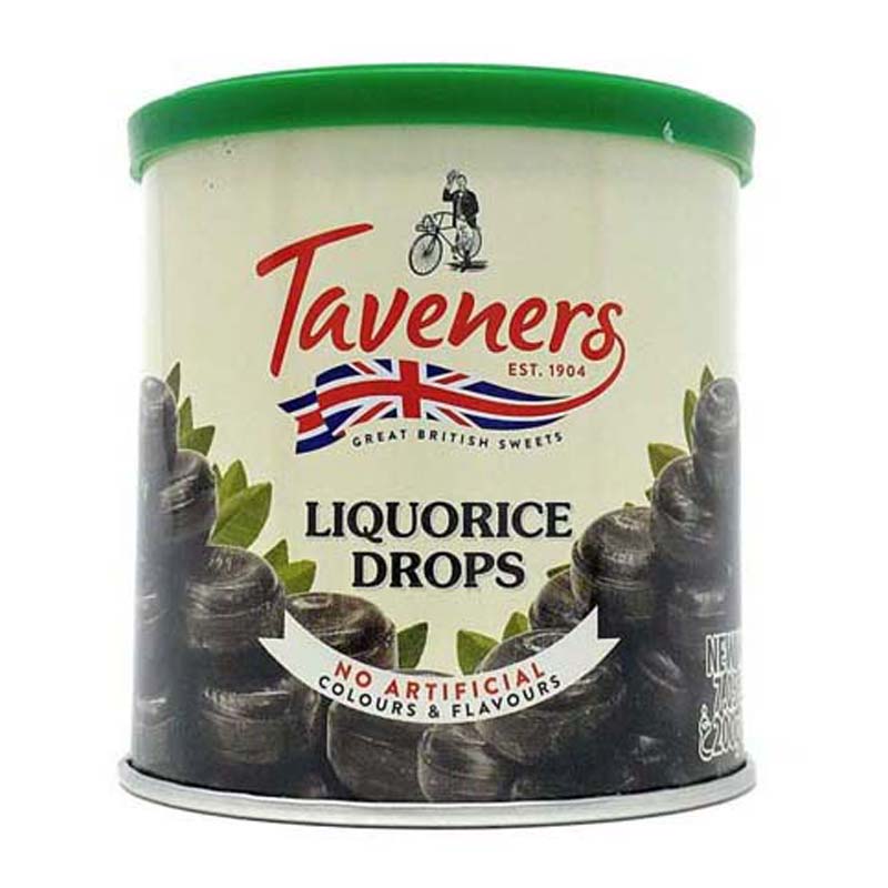 Taveners Liquorice Drop Tins 200g