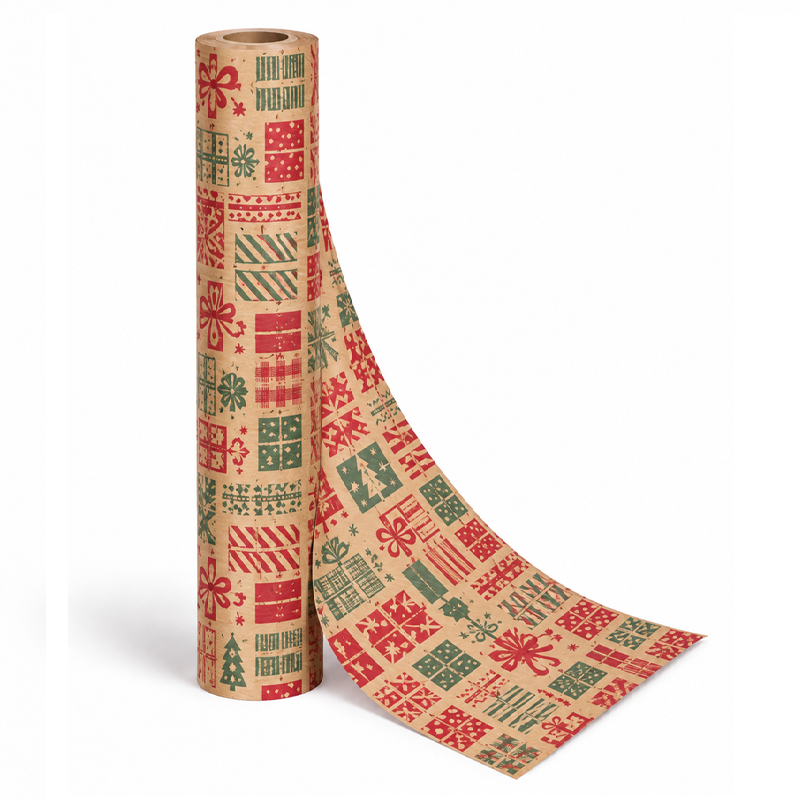 Counter Roll 10m Christmas Red Green on Brown Paper