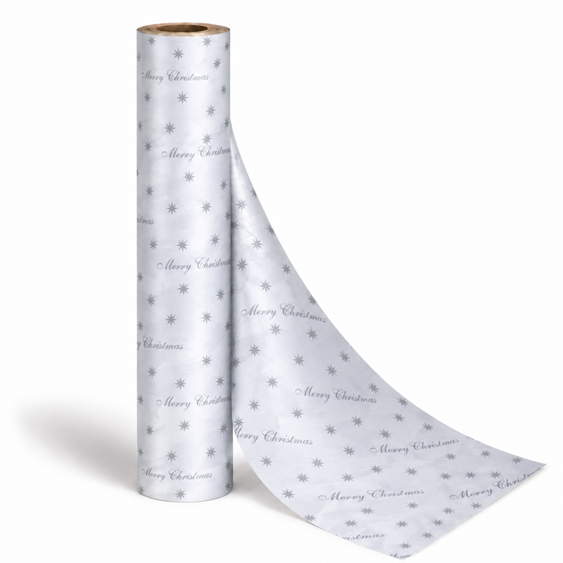 Counter Roll 50m Merry Christmas Star Silver on White