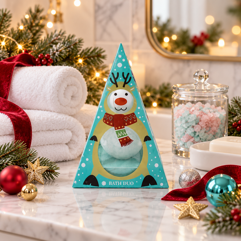 Pos Bath Fizzer Reindeer Pyramid Duo 150ml Bubble Bath& Fizzer 80g
